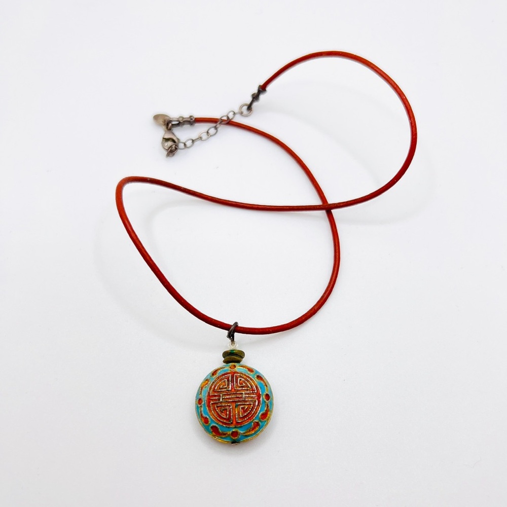 Emily Ray Sterling Silver Red Leather With Chinese Circular Necklace Pendant